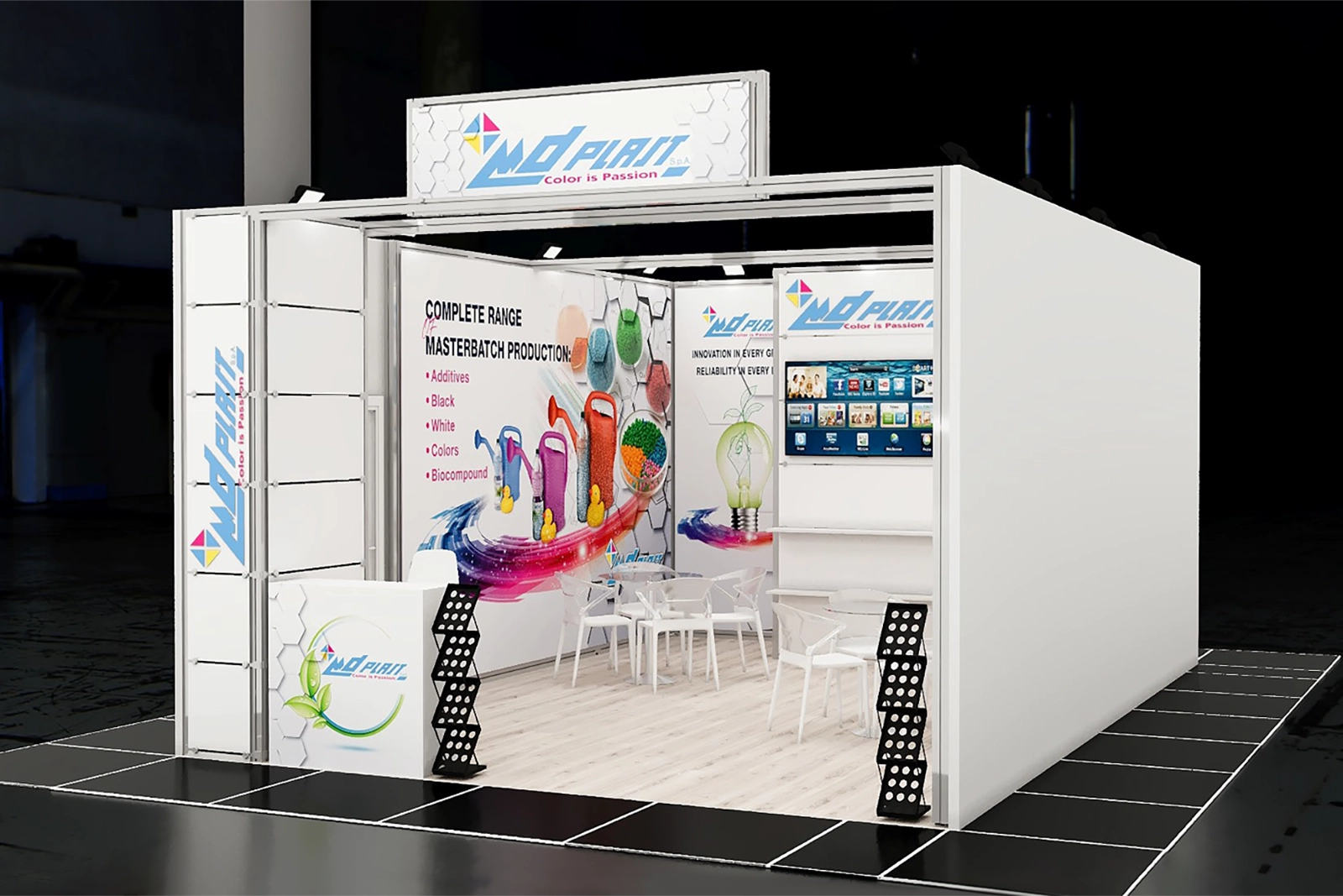 Pareti dello stand per la fiera K 2025 – grafica pareti per MD Plast, comunicazione visiva per aziende