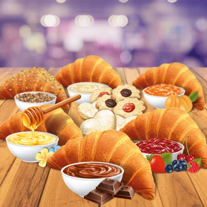 Composizione illustrazioni food Gran Caffè: cornetti e biscotti con creme su banco pasticceria