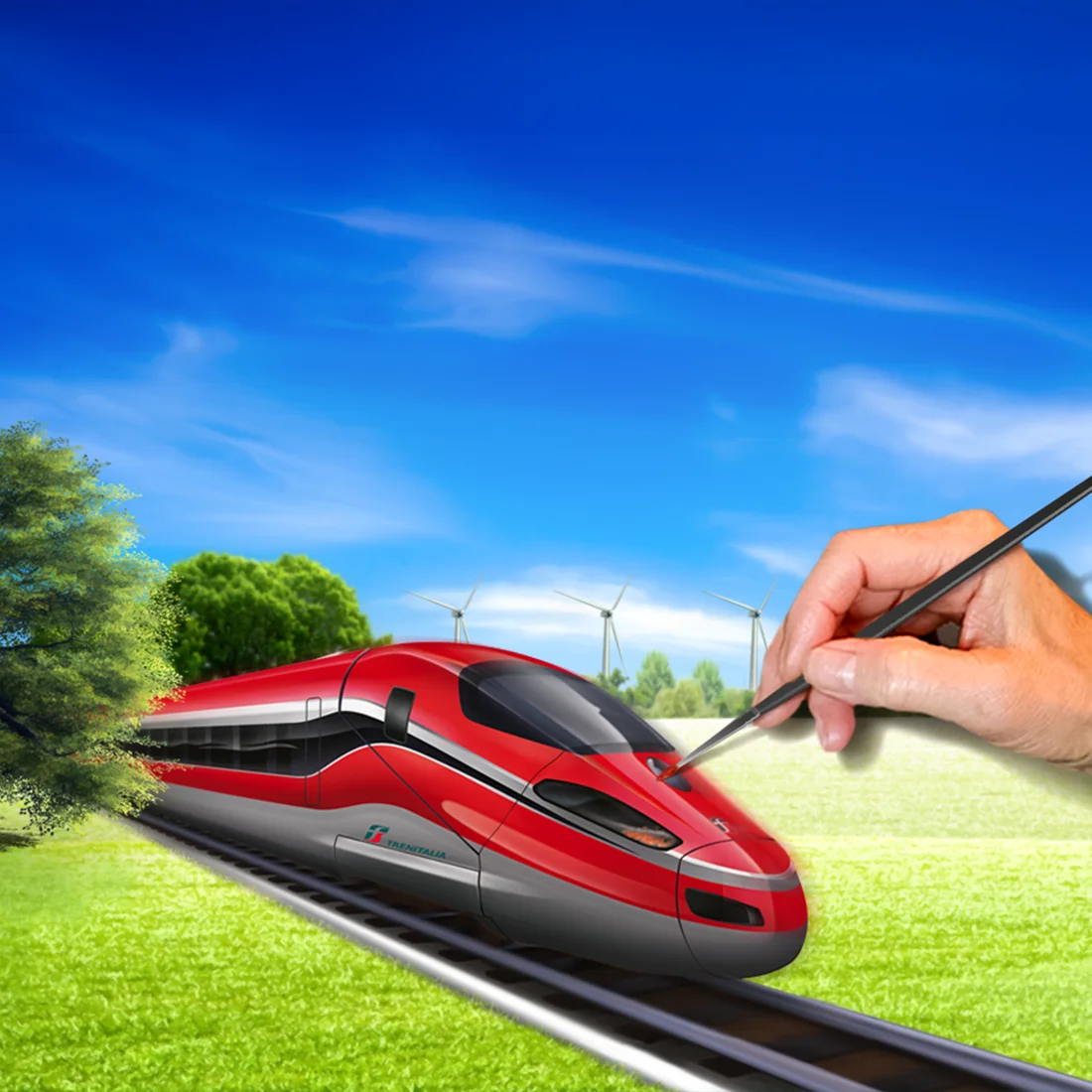 Anteprima del portfolio Illustrazioni: mano fotografata che colora un treno Frecciarossa su binari in un prato, con bosco e pale eoliche sullo sfondo, tutto illustrato