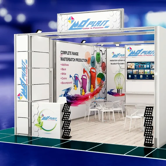 Render 3D stand fieristico MD Plast con grafica pareti e banchetto accoglienza