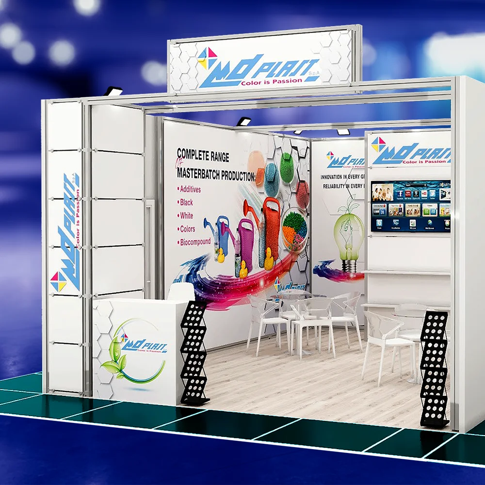 Render 3D stand fieristico MD Plast con grafica pareti e banchetto accoglienza