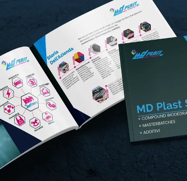 Mockup catalogo aperto e chiuso MD Plast Spa 2024 – prodotti e soluzioni per aziende, copertina Nerviano
