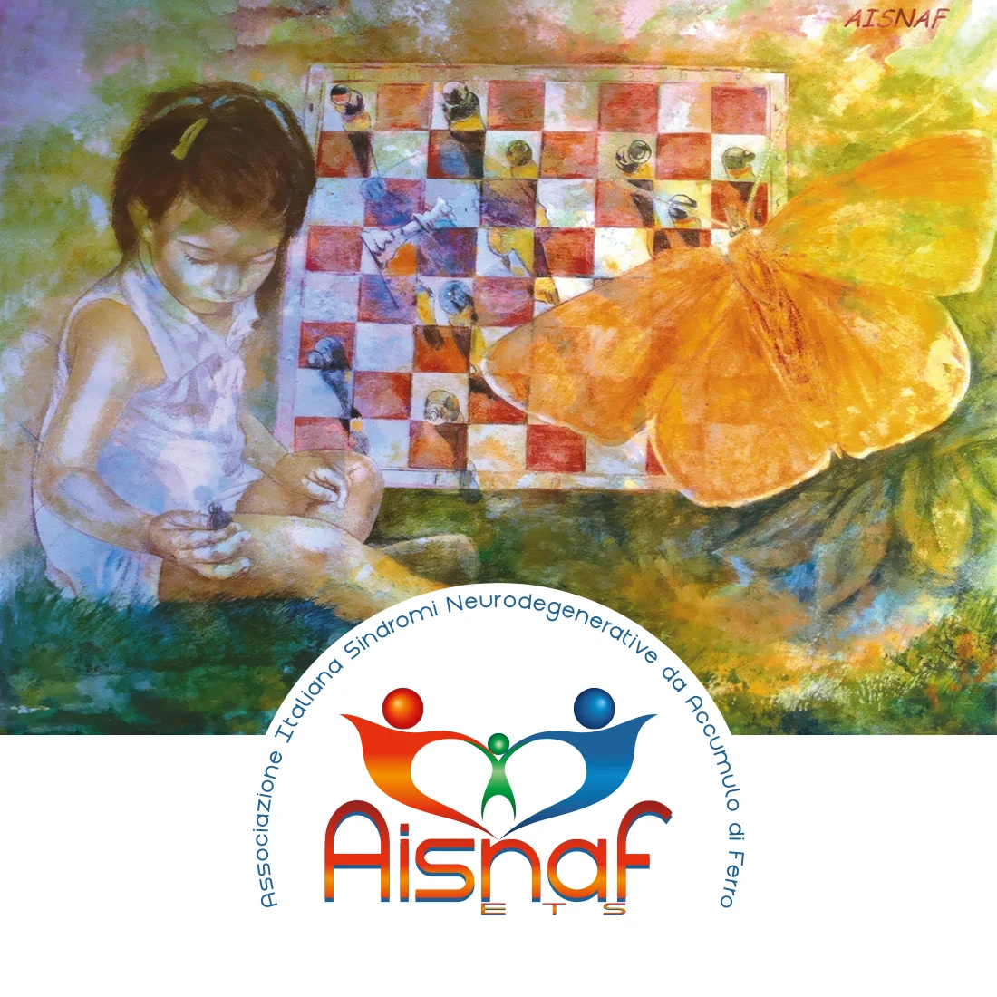 Illustrazione per il III Family Meeting 2024 di AISNAF ETS con bambina, scacchiera, farfalla e logo