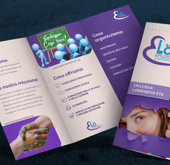 Brochure 3 ante di ELO Epilessia Lombardia Onlus che presenta i servizi, le attività e il sostegno per le persone con epilessia