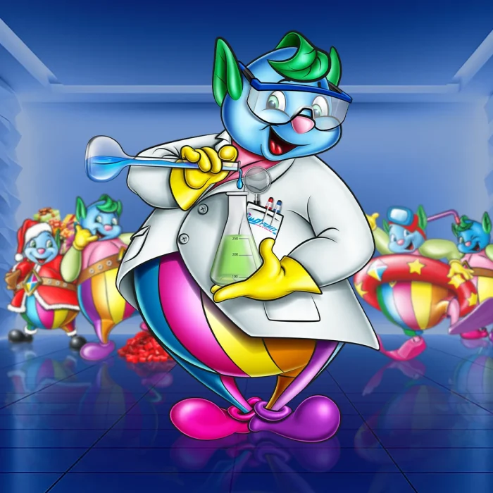 Plastino in primo piano nella stanza futuristica di MD Plast, con le altre versioni della mascotte sullo sfondo leggermente sfocate