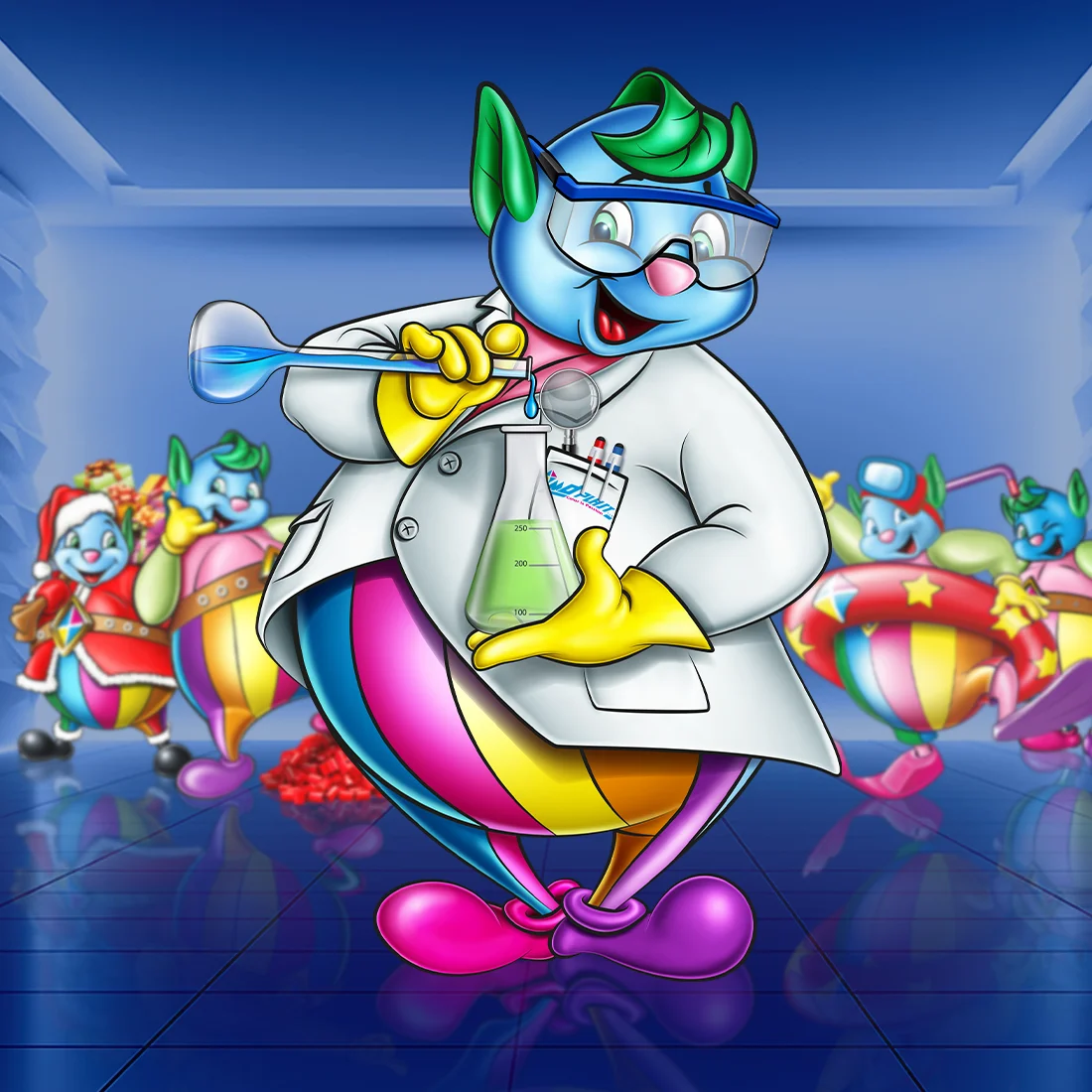 Plastino in primo piano nella stanza futuristica di MD Plast, con le altre versioni della mascotte sullo sfondo leggermente sfocate