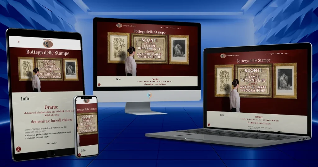 Anteprima del sito web Bottega delle Stampe progettato da StudioPigna su desktop, smartphone, tablet e portatile