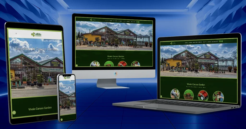 Anteprima del sito web di Caruso Garden, vivaio specializzato in piante, fiori e composizioni floreali, progettato da StudioPigna su desktop, smartphone, tablet e portatile