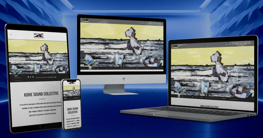 Anteprima del sito web Koine Sound Collective progettato da StudioPigna su desktop, smartphone, tablet e portatile