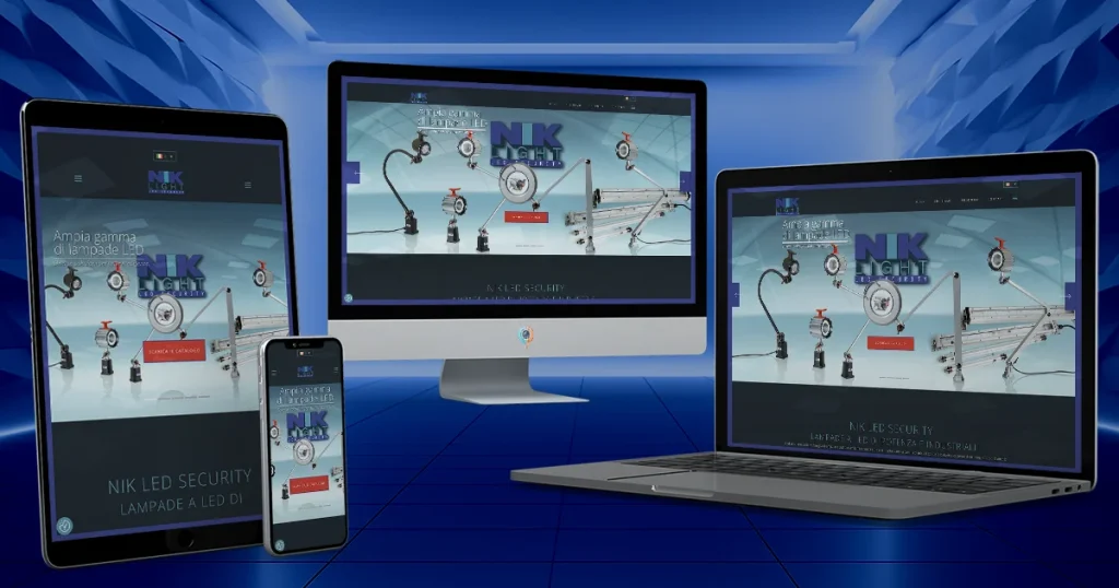 Anteprima del sito web di Nik Light SRLS, azienda di illuminazione professionale, mostrato su desktop, smartphone, tablet e portatile