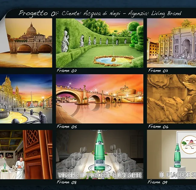 Storyboard per Acqua di Nepi: passeggiata per Roma fino a un palazzo affrescato con tavola elegante, Gianfranco Vissani versa acqua in un bicchiere