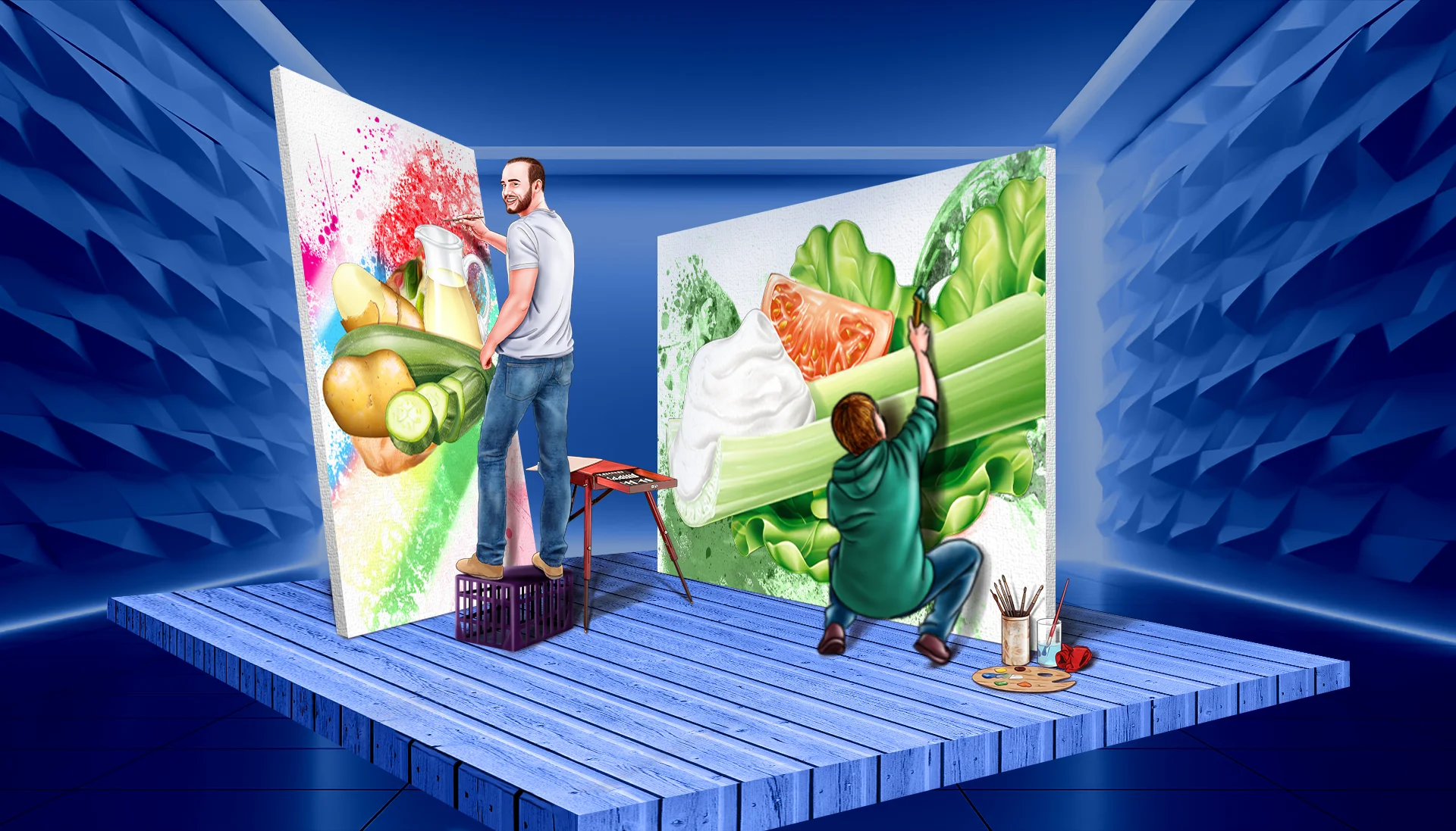 Due illustratori di StudioPigna lavorano su tele giganti nel laboratorio creativo