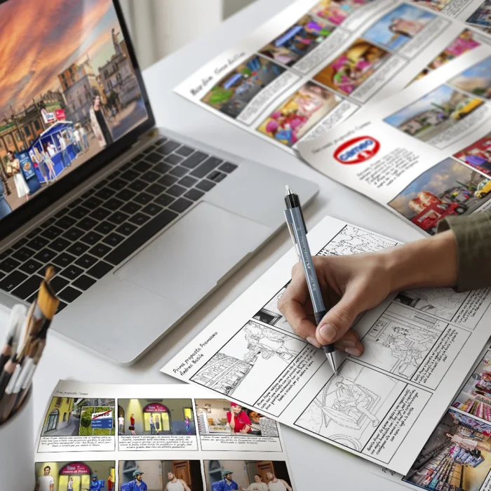 mano che disegna storyboard su scrivania con tavole e computer