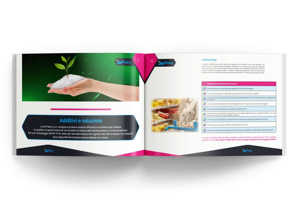 Layout grafico catalogo prodotti MD Plast doppia pagina